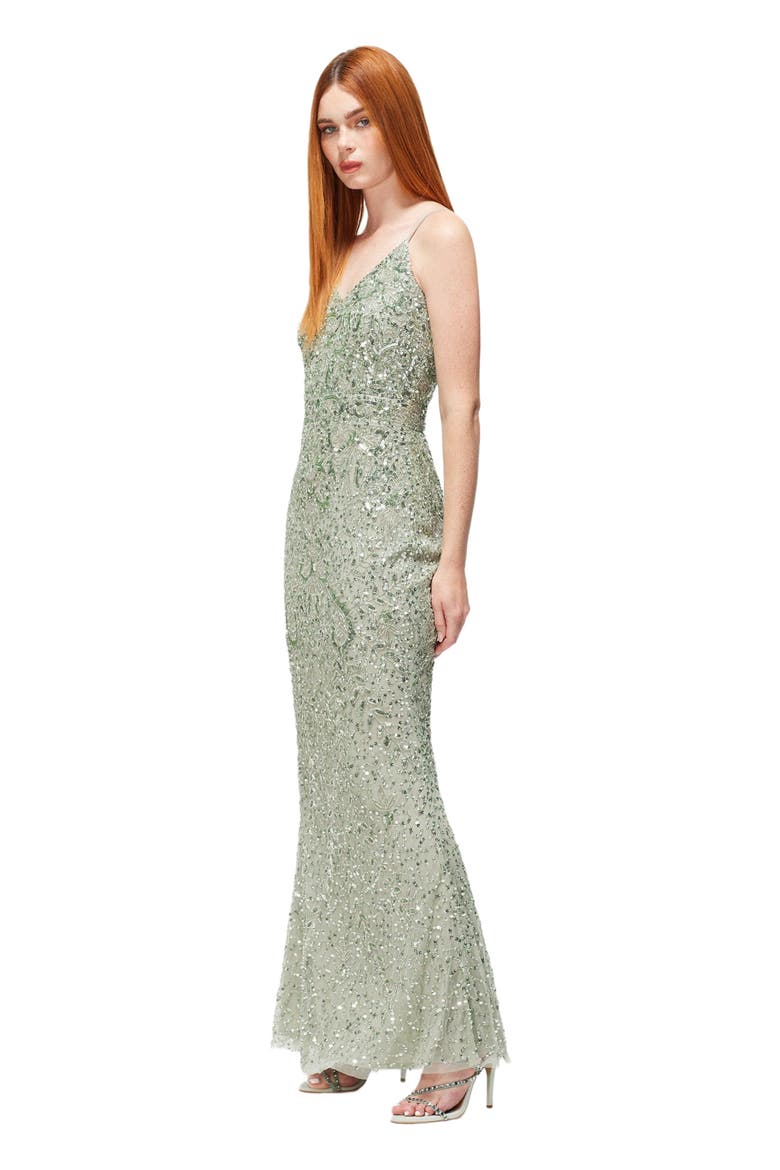 Occasion Embellished Sequin Beaded V Neck Evening Dress, Alternate, color, SAGE GREEN