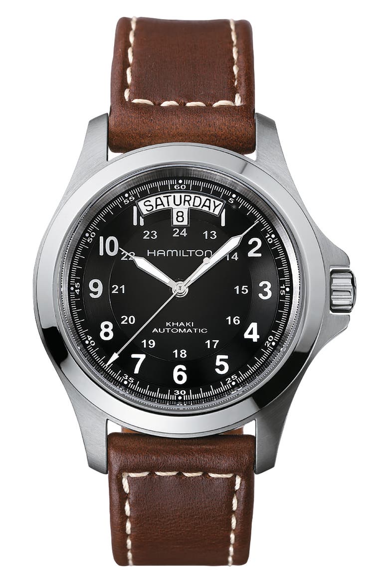 Khaki King Automatic Leather Strap Watch, 40mm, Main, color, BROWN/ BLACK/ SILVER