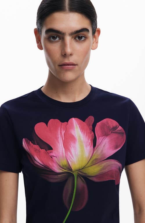 Desigual Fitted Floral Crop T-shirt In Navy Blue