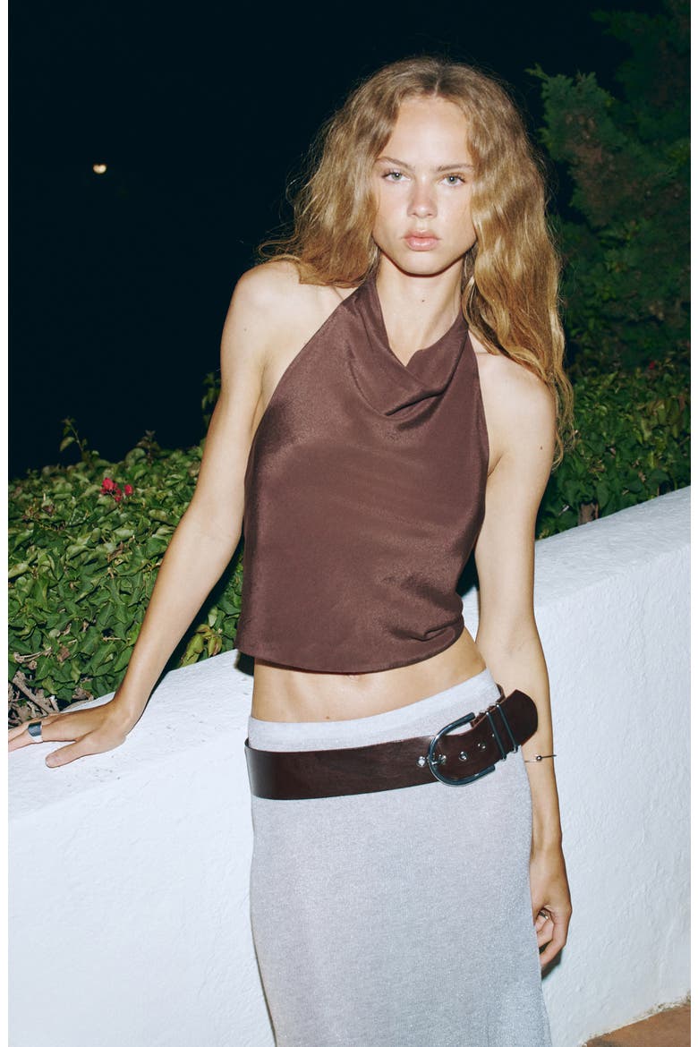 Drape Halter Crop Top, Alternate, color, BROWN
