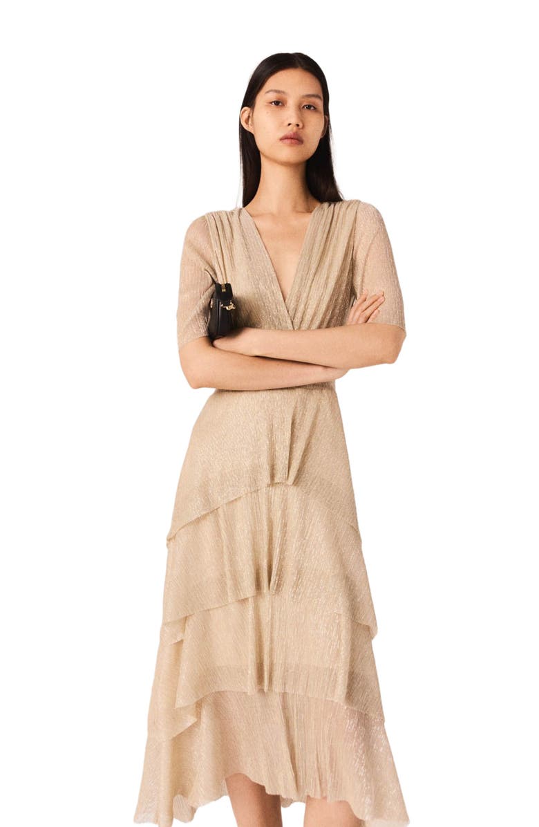 maje Metallic ruffled dress, Alternate, color, 
