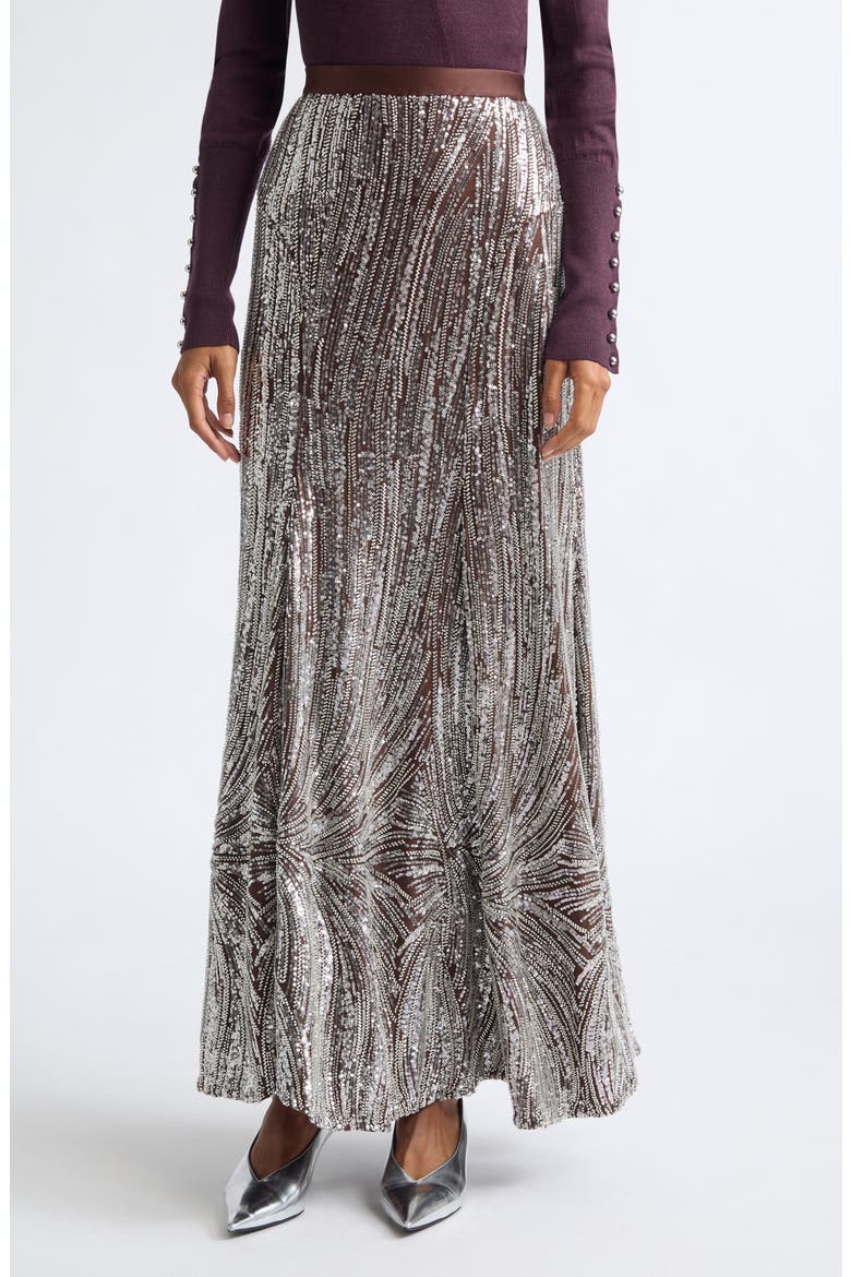 Beaded Long Fluid Skirt, Main, color, SILVER / BROWN