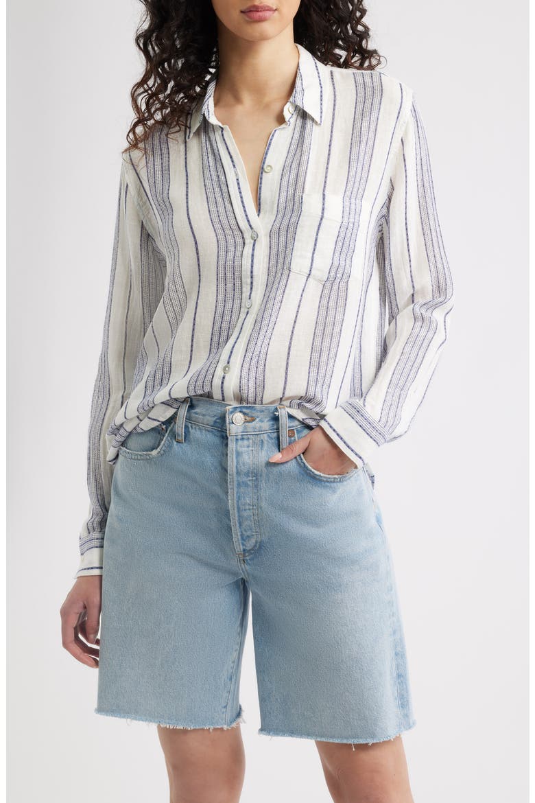 Charli Stripe Linen Blend Button-Up Shirt, Main, color, SALINO STRIPE