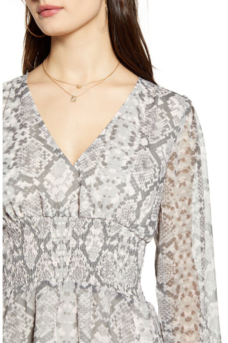 Smocked Waist Floral Print Long Sleeve Minidress, Alternate, color, GREY MARBLE SNAKESKIN