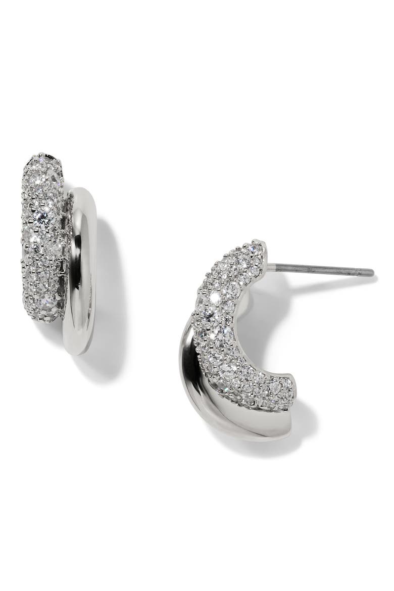 Pavé Double Hoop Earrings, Main, color, RHODIUM