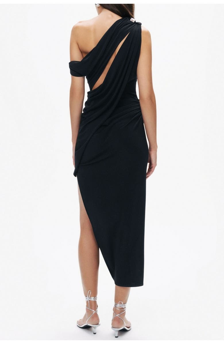 Nocturne Black Asymmetric Draped Midi Dress with Metal Detail, Alternate, color, 