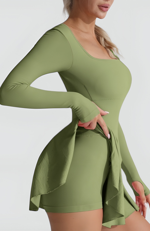 Modenaire Fit And Flare Long Sleeve Mini Dress With Square Neckline And Crisscross Open Back In Green