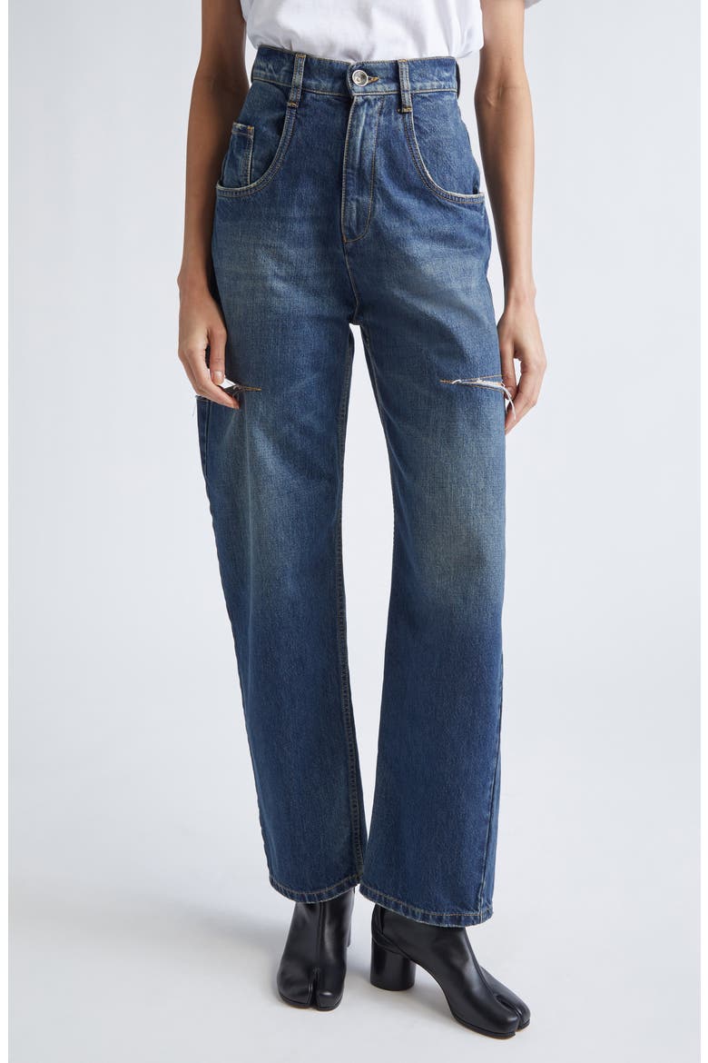 Ripped Cutout High Waist Straight Leg Jeans, Main, color, WASHED INDIGO