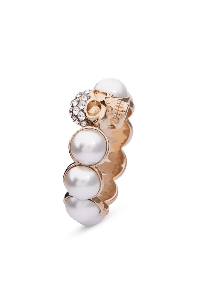 McQueen Crystal Skull & Faux Pearl Ring, Alternate, color,