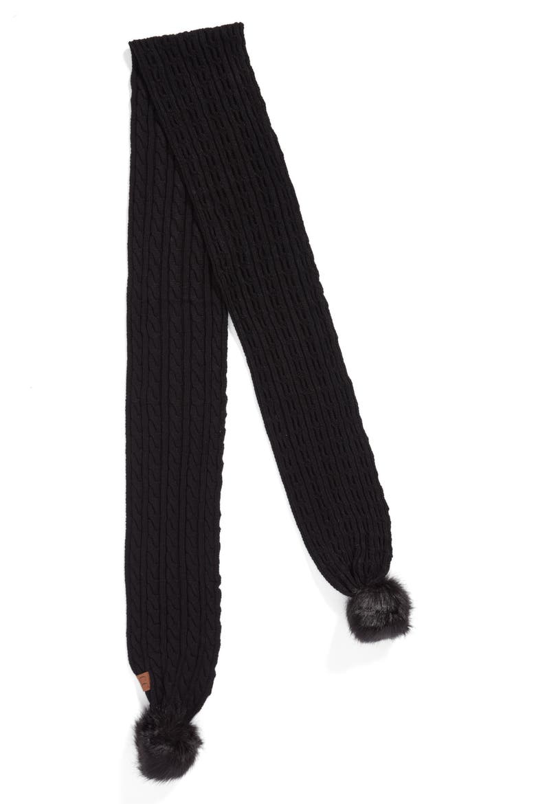 CC Faux Fur Pompom Knit Scarf, Alternate, color, BLACK
