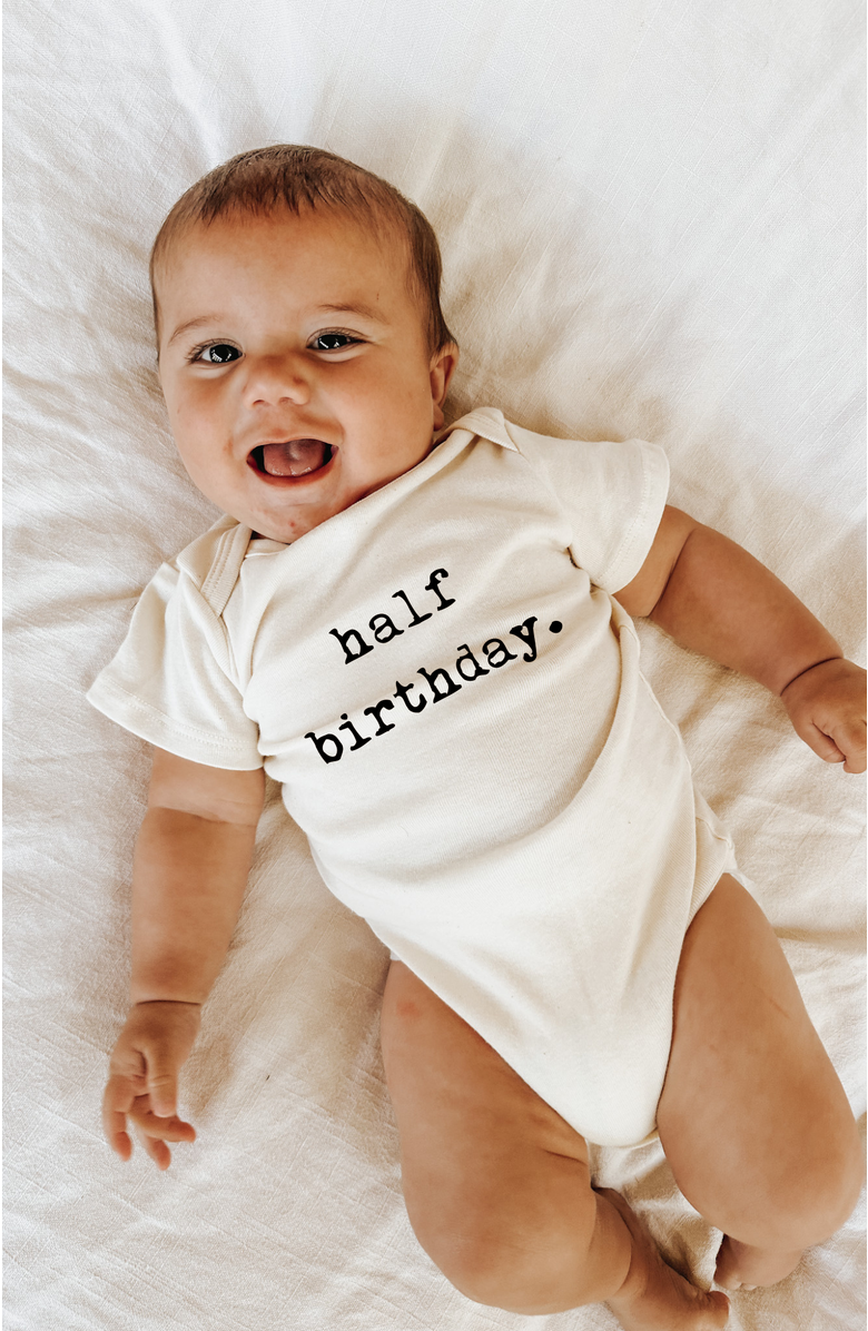 Tenth & Pine Half Birthday Organic Baby Bodysuit, Alternate, color, Natural Black Lettering