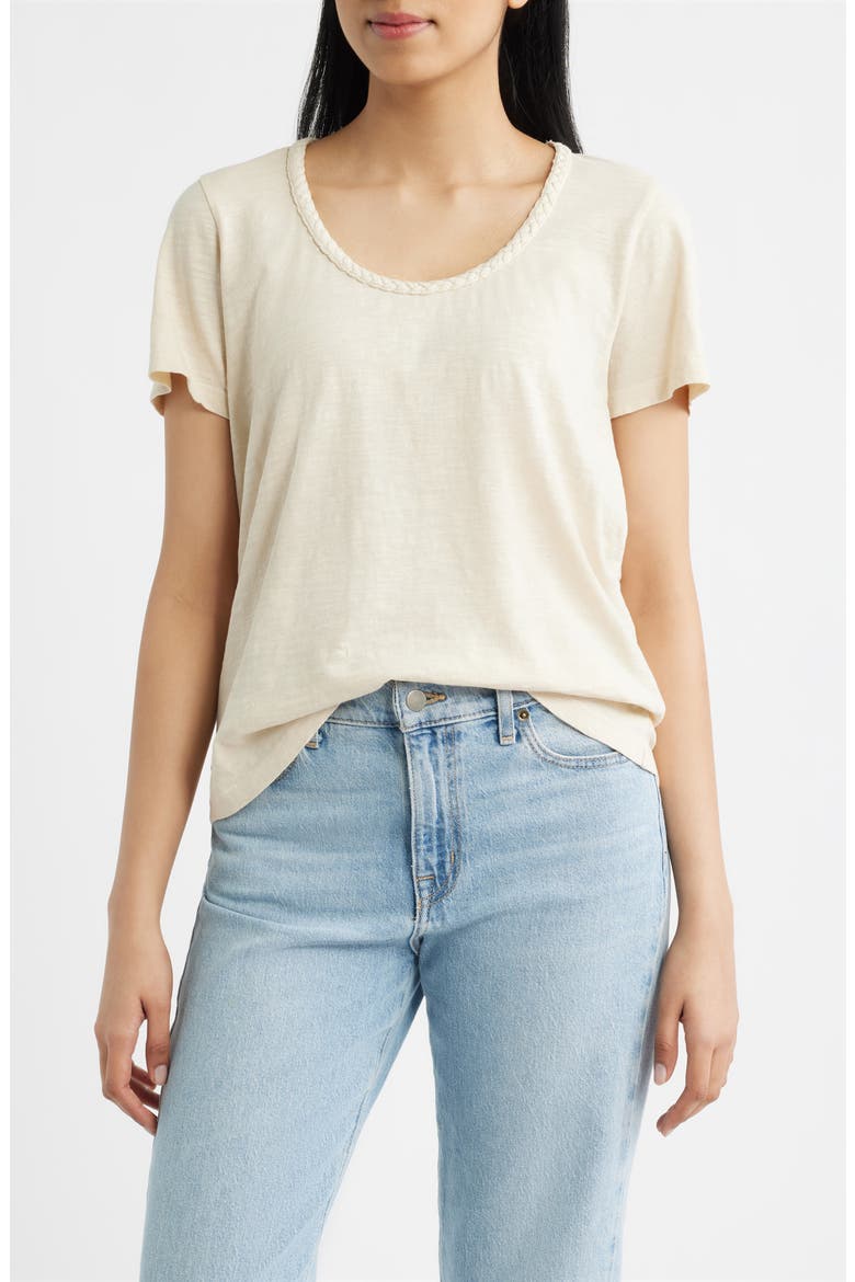 Braided Neck Relaxed Fit Cotton T-Shirt, Main, color, PARCHMENT