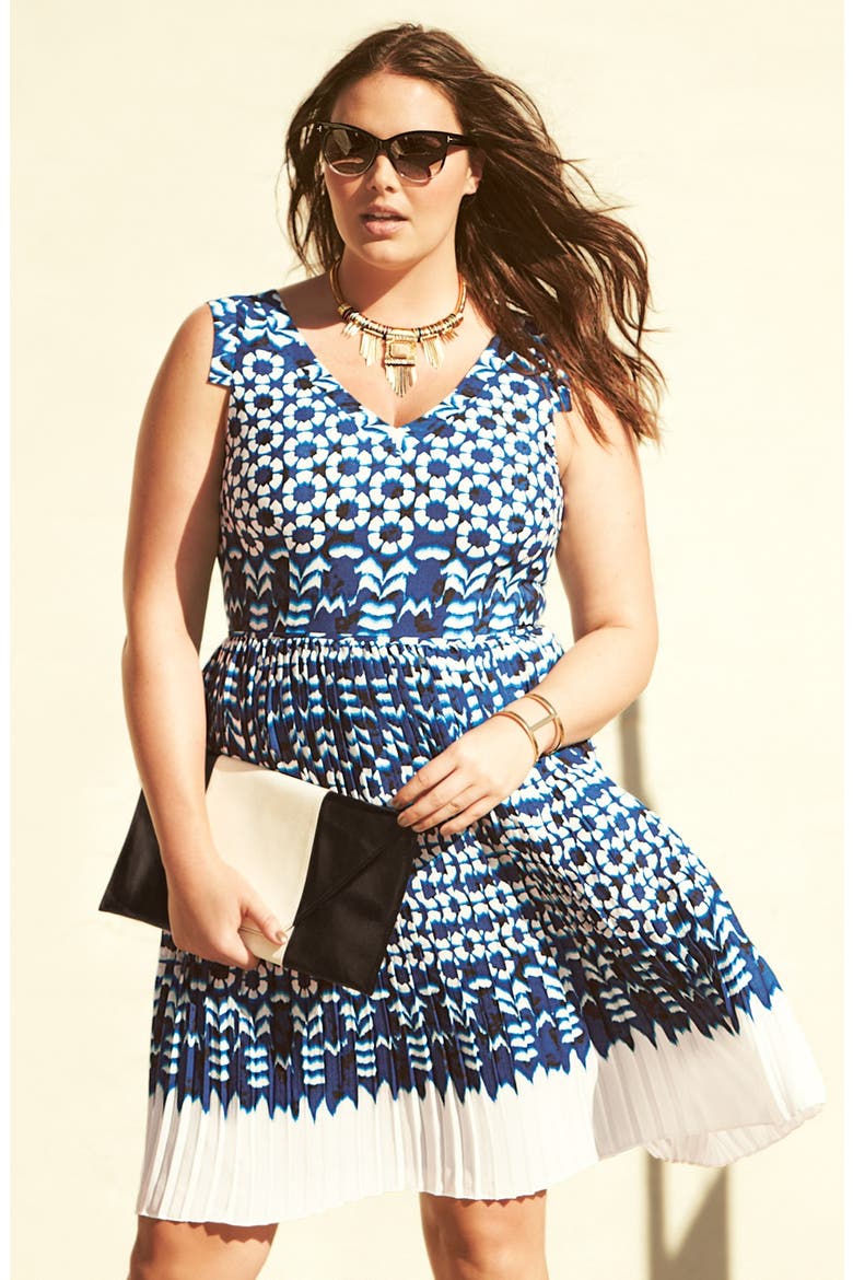 Ikat Print Pleat Fit & Flare Dress, Alternate, color, BLUE MULTI