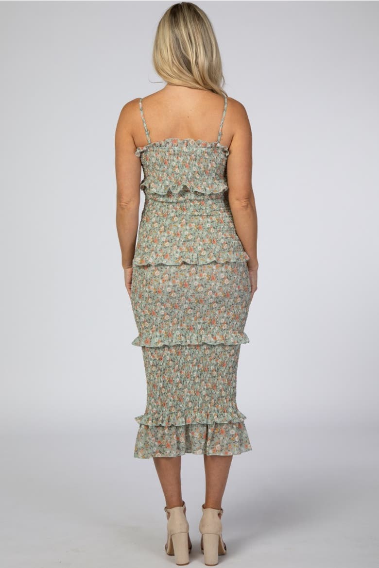 Floral Chiffon Smocked Fitted Midi Dress, Alternate, color, Light Olive