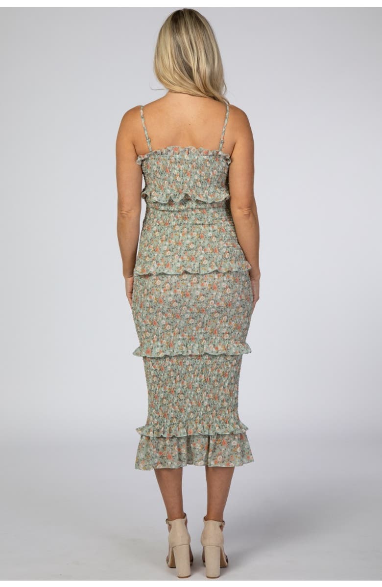 PinkBlush Floral Chiffon Smocked Fitted Midi Dress, Alternate, color, Light Olive