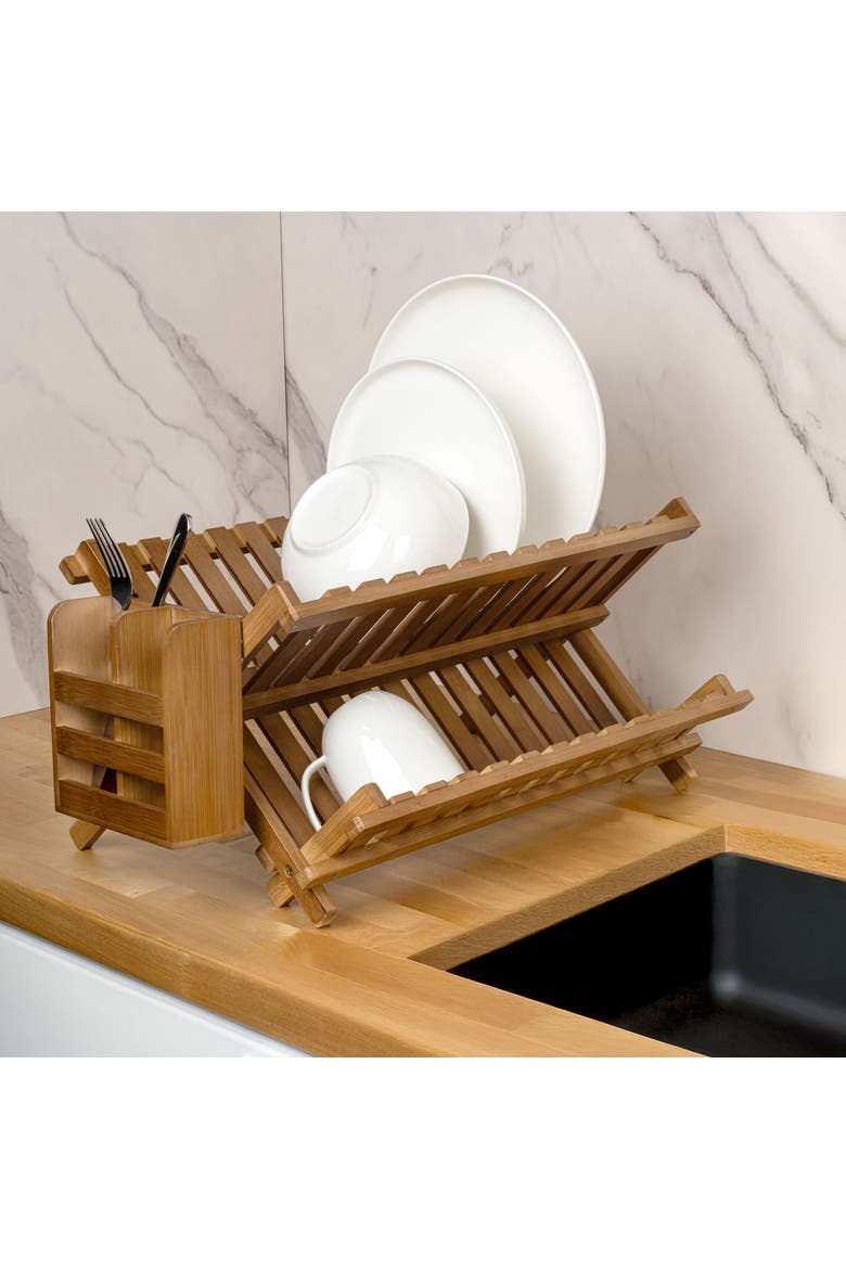 Arlen Farmhouse  Foldable 2-Tier Dish Drying Rack with Detachable Utensil Holder, Alternate, color, Brown