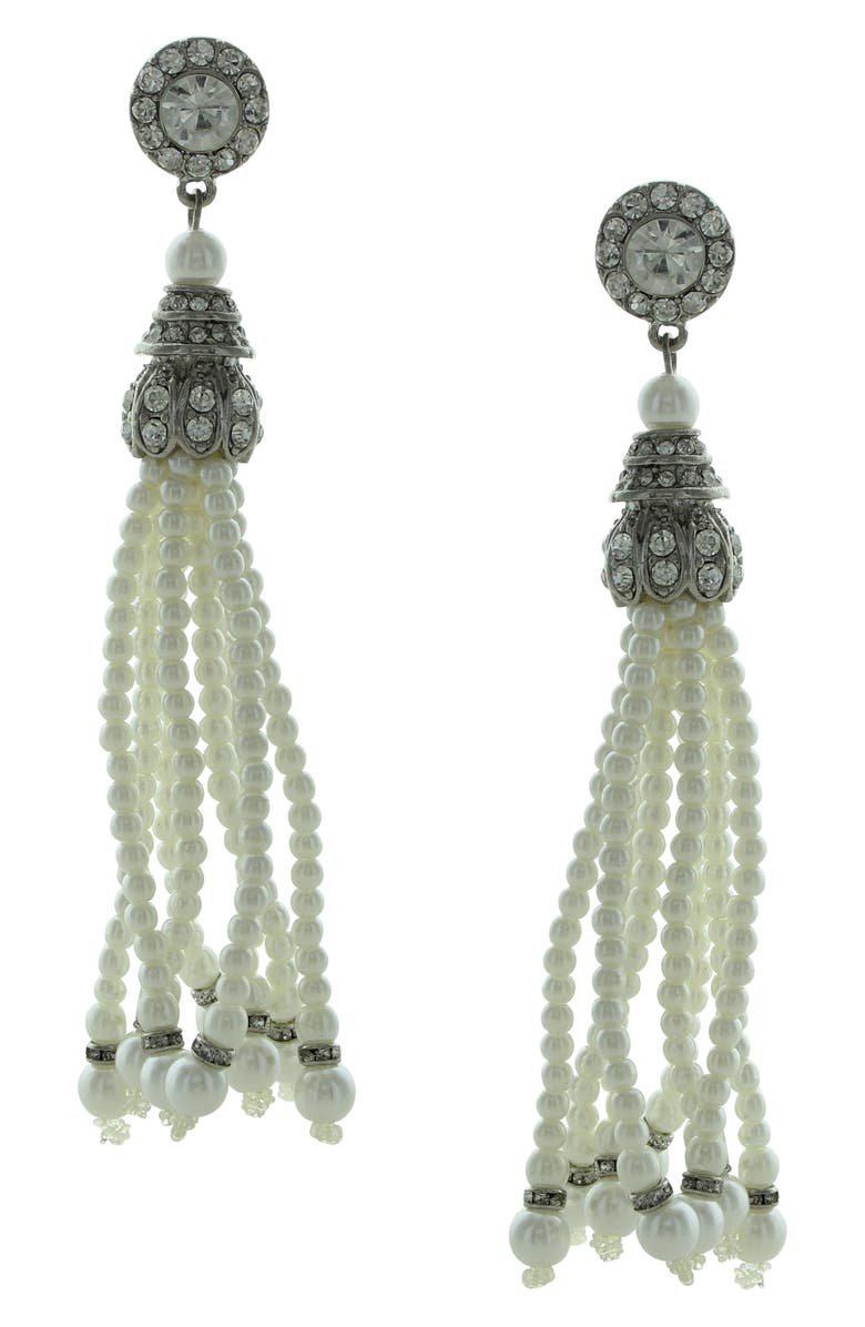 OLIVIA WELLES Shena Faux Pearl Tassel Drop Earrings, Main, color, Silver / White