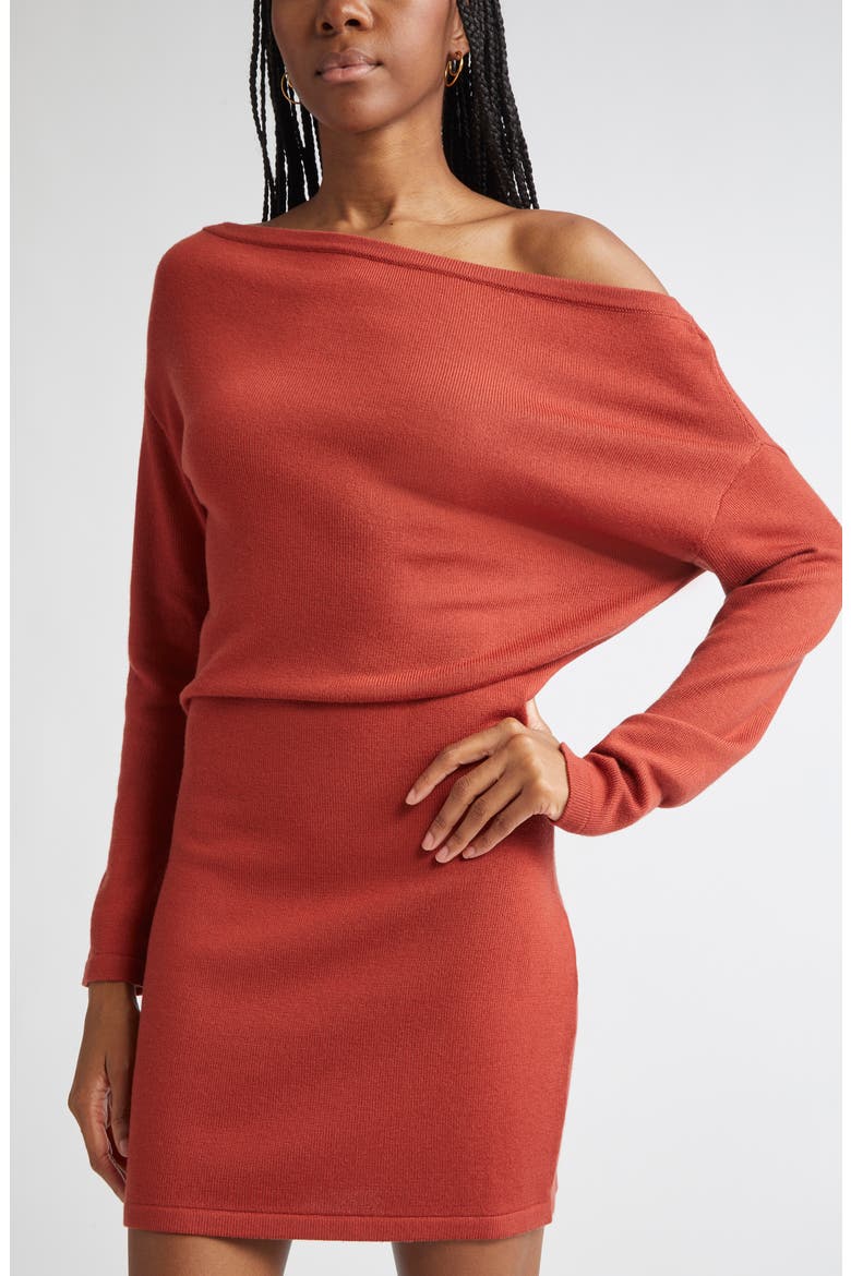Chance One-Shoulder Long Sleeve Wool Sweater Minidress, Alternate, color, RED AMBER