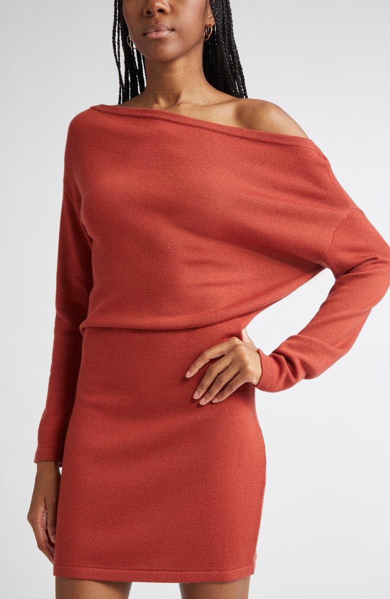 Ramy Brook Chance One-Shoulder Long Sleeve Wool Sweater Minidress, Alternate, color, Red Amber