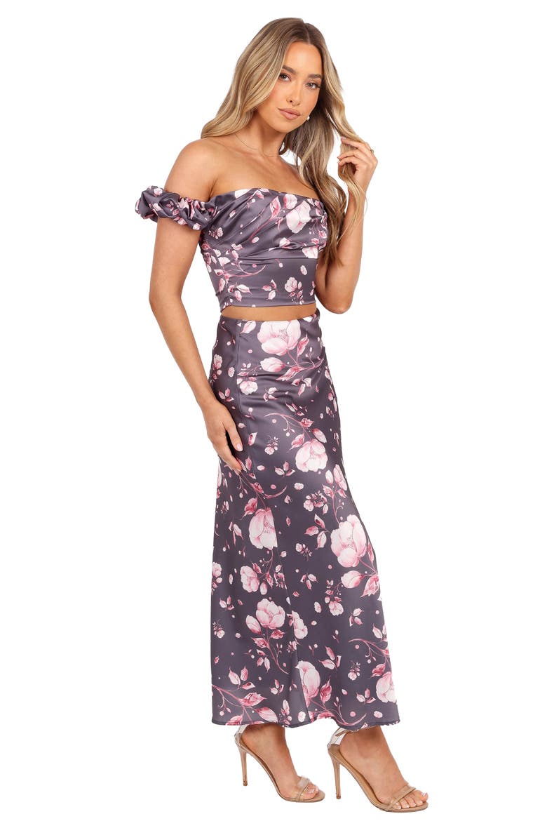 Arabella Satin Crop Top & Matching Skirt Set, Alternate, color, STEEL GREY FLORAL