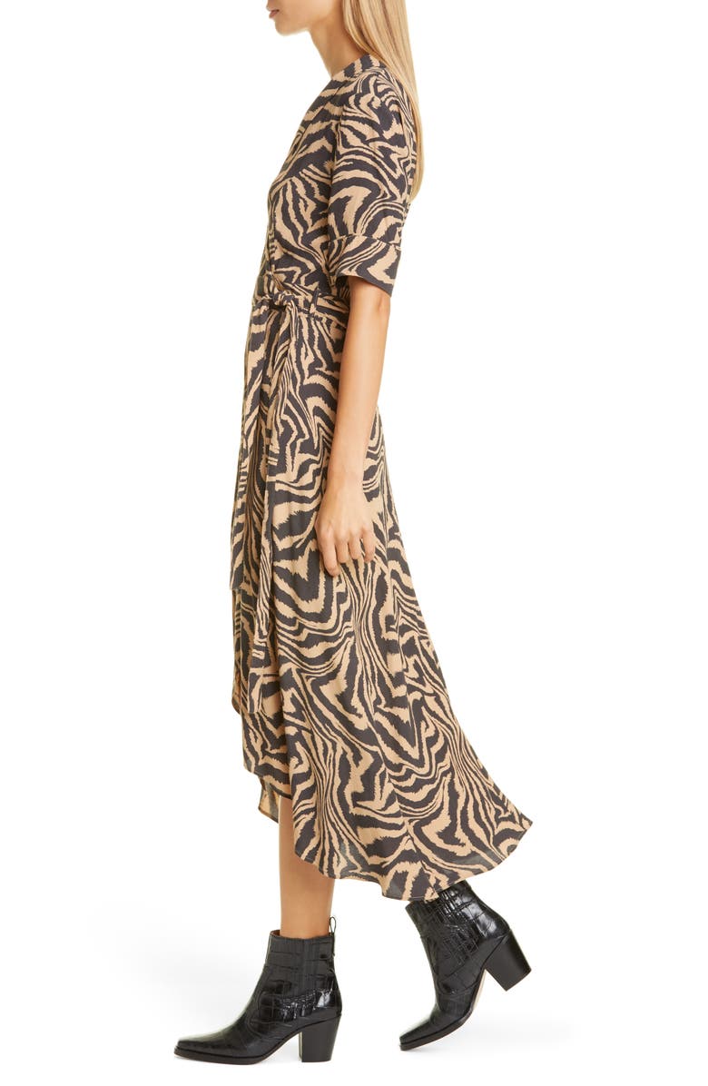 Ganni Tiger Stripe Print Wrap Midi Dress, Alternate, color, 