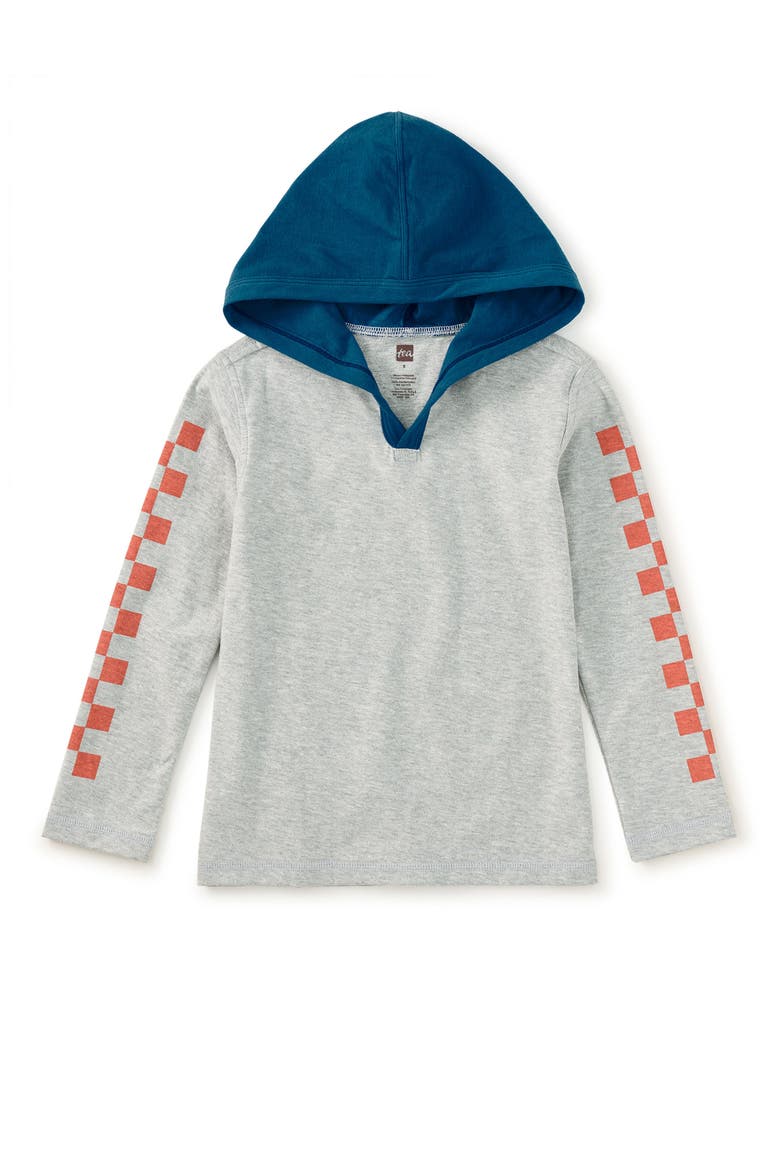 Checker Sleeves Happy Hoodie, Main, color, Med Heather Grey