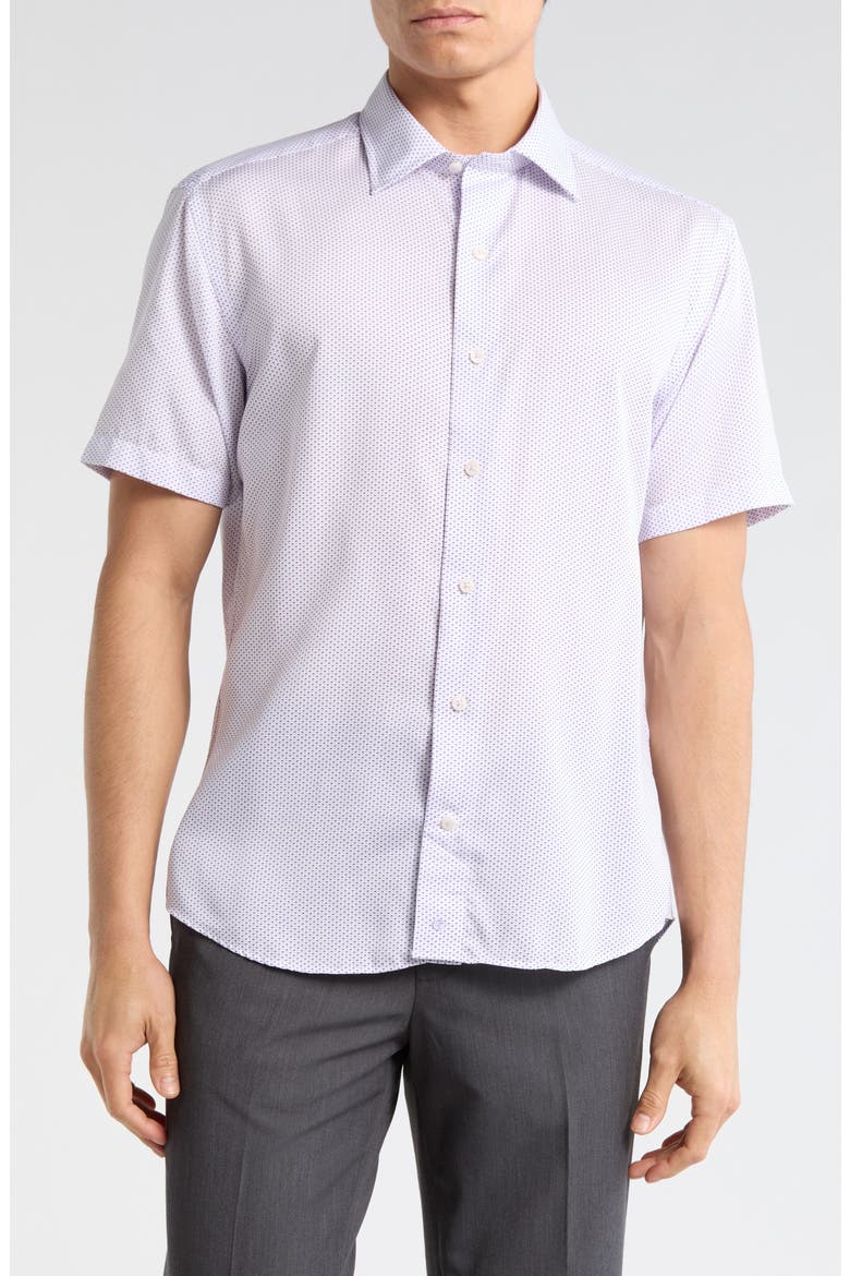 Neat Print Short Sleeve Shirt, Main, color, WHITE/ PURPLE