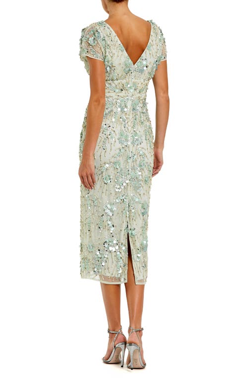 Mac Duggal Embellished Mesh Fitted Short Sleeve Midi Dress In Sage