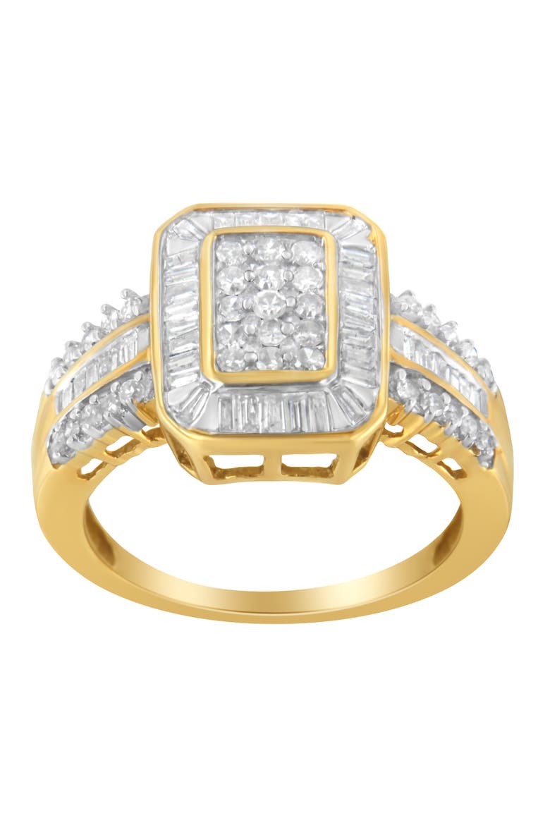 10K Yellow Gold 1.0 Cttw Round and Baguette Diamond Cluster Ring, Alternate, color, Yellow Gold