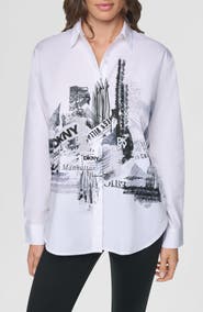 DKNY City Printed Rhinestone Cotton Button-Up Shirt