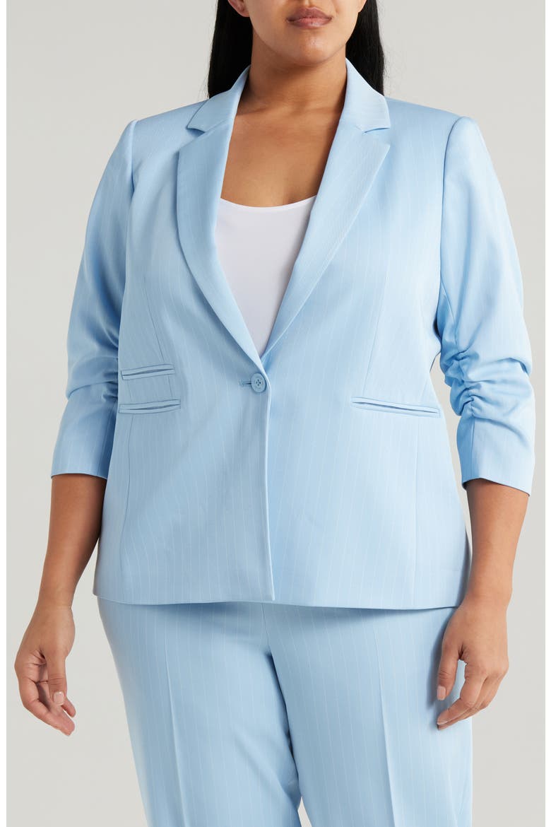Pinstripe Ruched Sleeve Blazer, Alternate, color, ICE BLUE