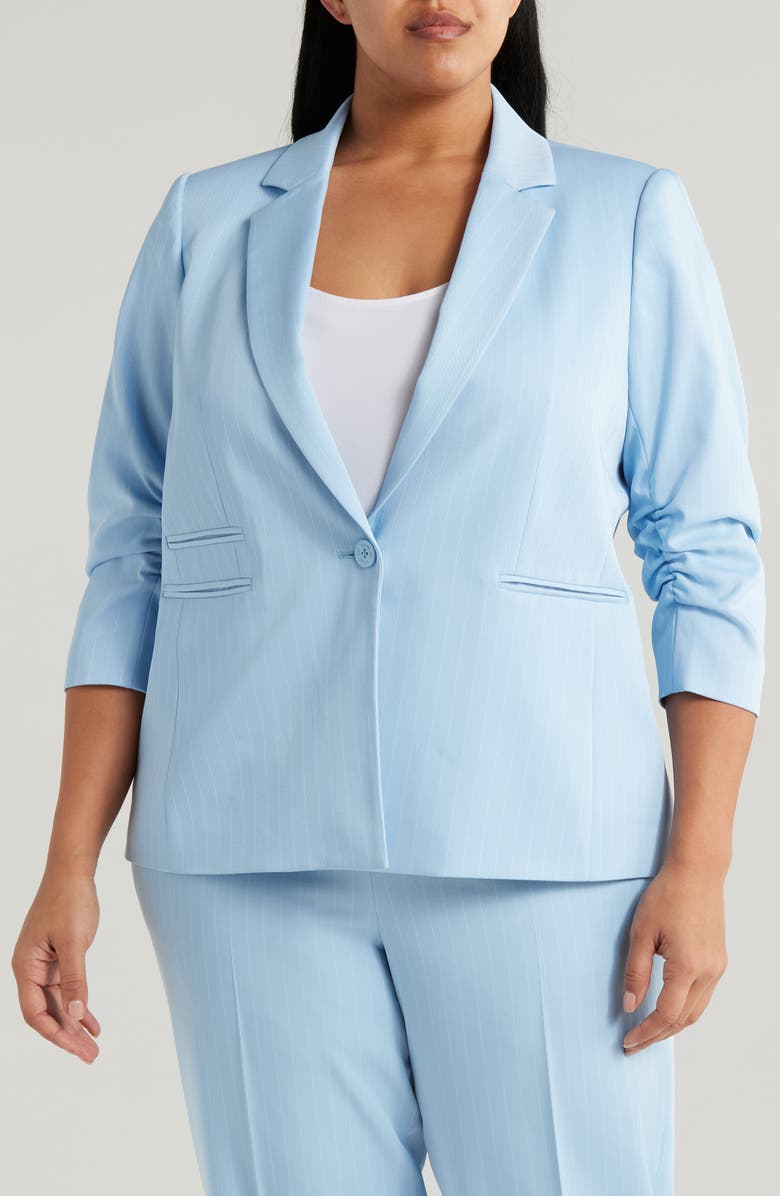 Tahari ASL Pinstripe Ruched Sleeve Blazer, Alternate, color, Ice Blue