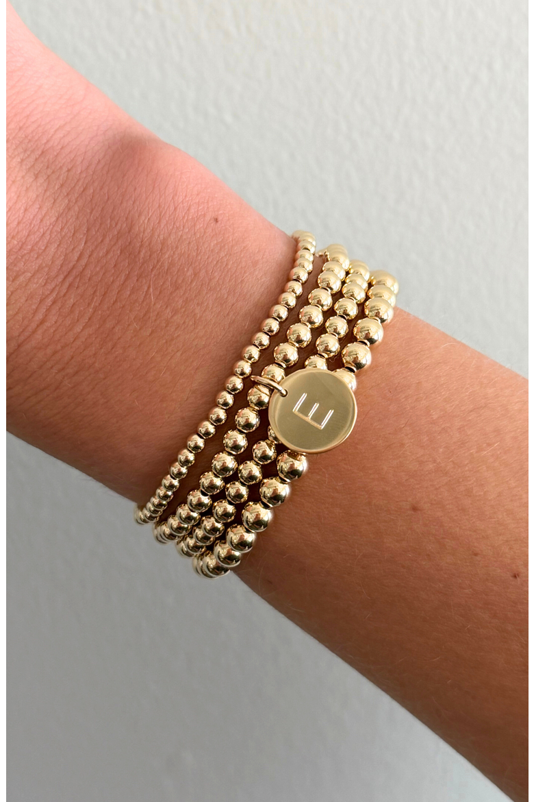 Classic Initial Coin 14k Gold Filled Bead Four Bracelet Stack, Alternate, color, Gold E