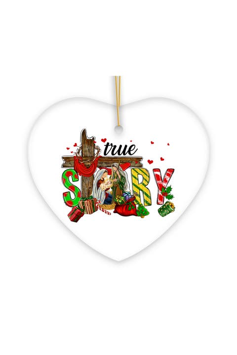 True Story Nativity Cross Heart Ceramic Ornament