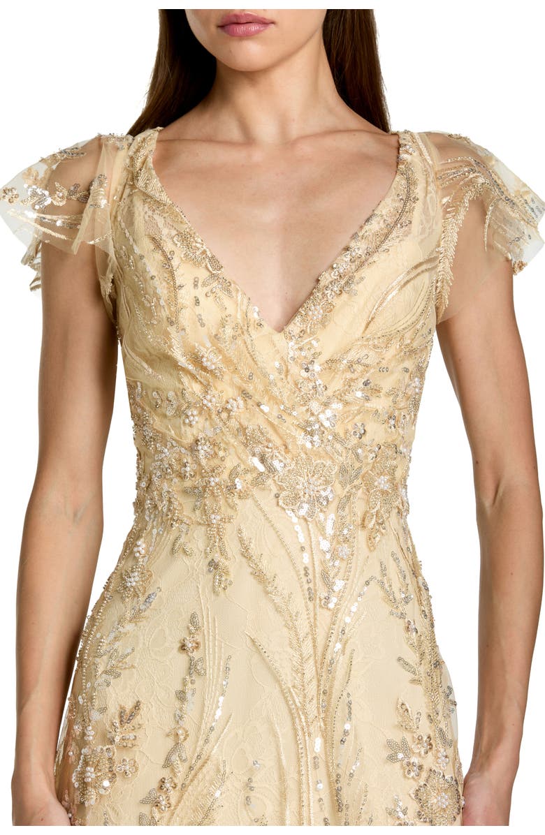 Mac Duggal V-Neck Flutter Sleeve Embroidered Lace Evening Gown, Alternate, color, Gold
