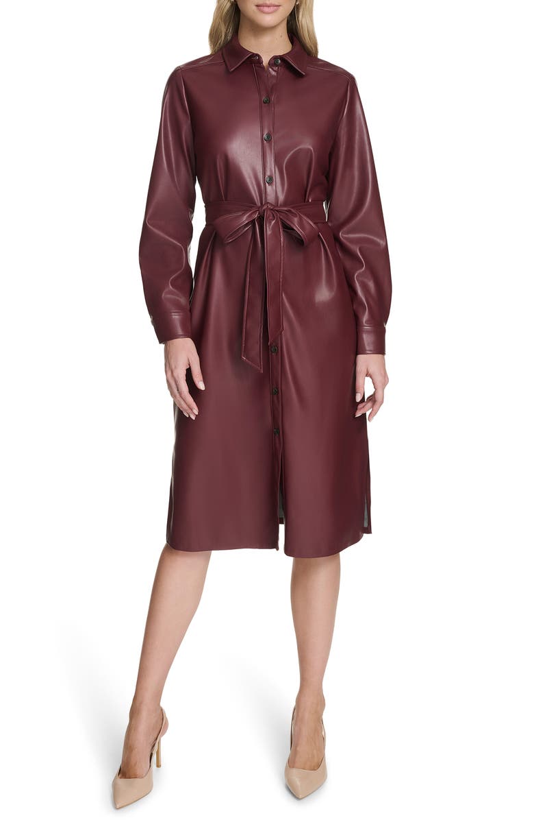Calvin Klein Long Sleeve Faux Leather Shirtdress, Main, color, Syrah