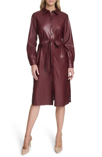 Calvin Klein Long Sleeve Faux Leather Shirtdress In Burgundy