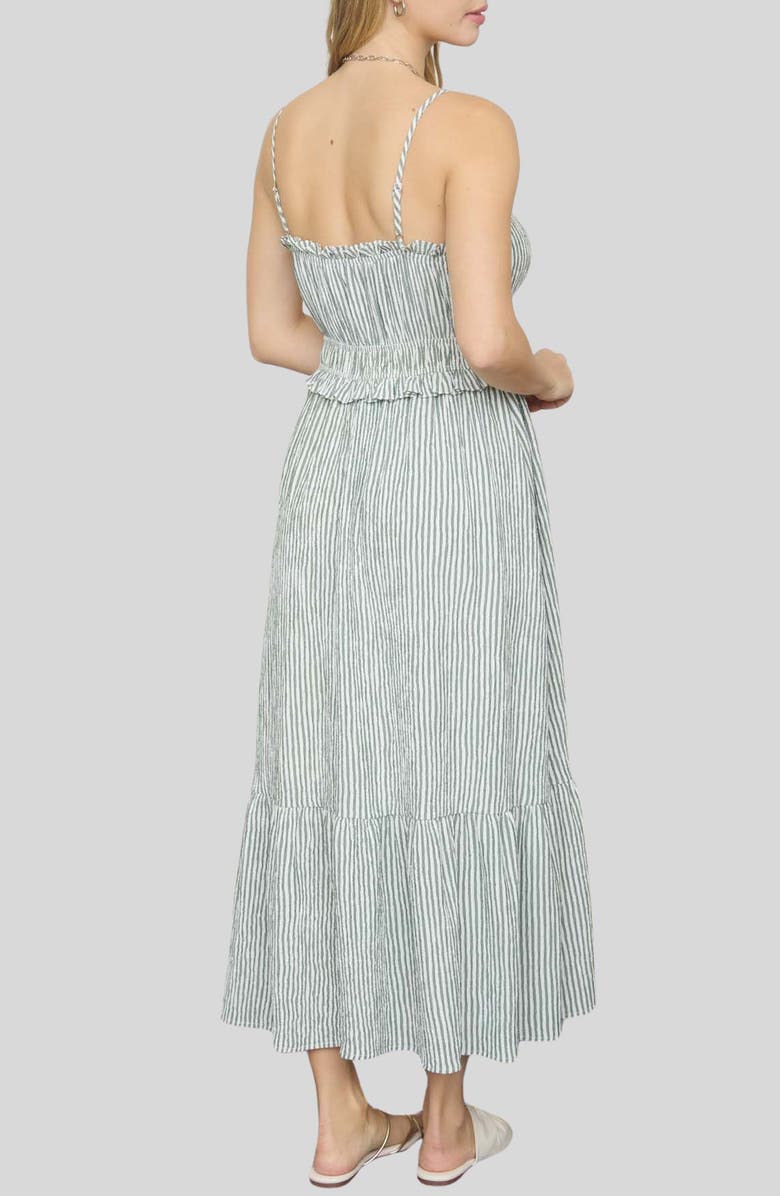 Blu Pepper Stripe Ruffle Shirred Seersucker Midi Dress, Alternate, color, Green