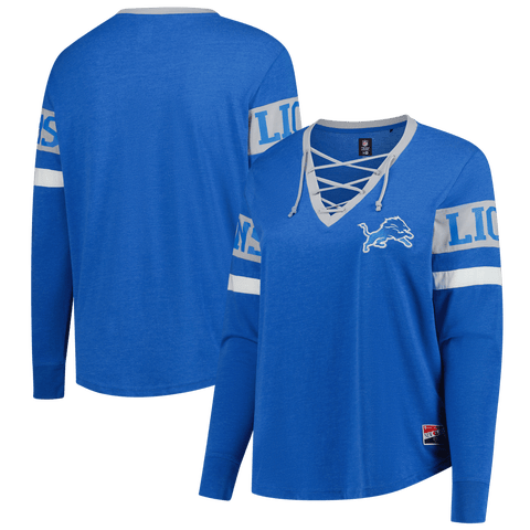 Women's New Era Blue Detroit Lions Plus Size Throwback Lace-Up Long Sleeve T-Shirt