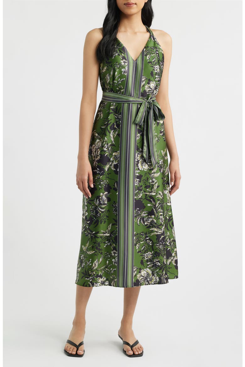 Floral Satin Halter Neck Midi Dress, Main, color, OLIVE