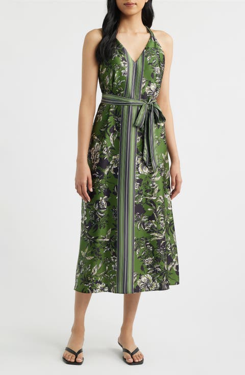 Floral Satin Halter Neck Midi Dress