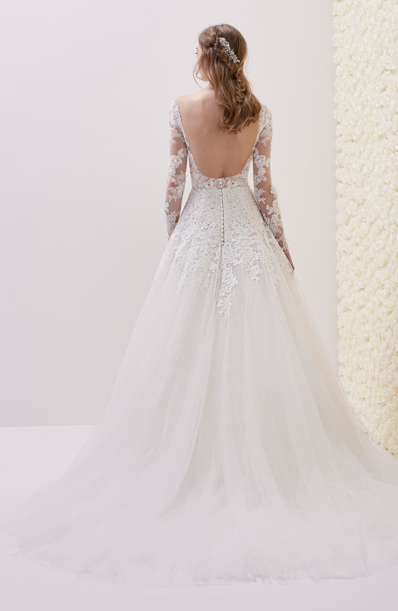 Pronovias Elwe Lace Illusion Ballgown, Alternate, color,
