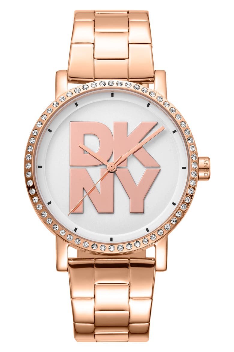 Three Hand Quartz Crystal Embellished Bracelet Watch, 36mm, Main, color, ROSE GOLD