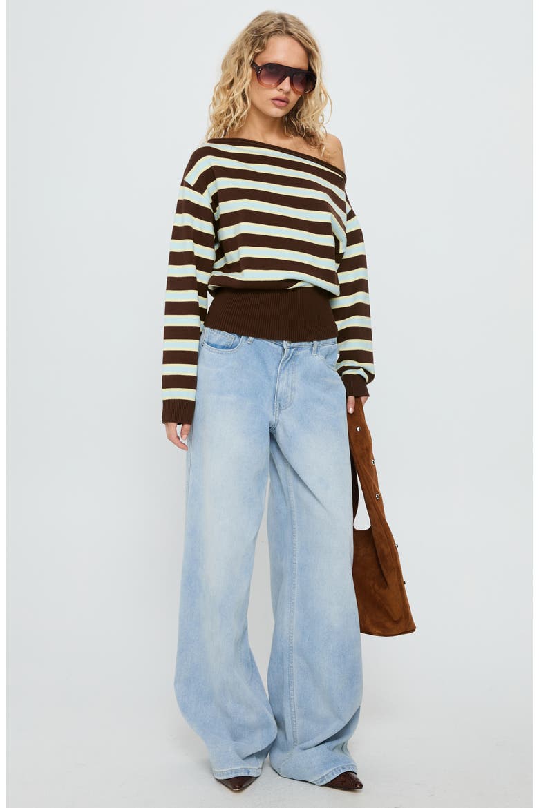 Zinia One-Shoulder Sweater, Alternate, color, BROWN / BLUE STRIPE
