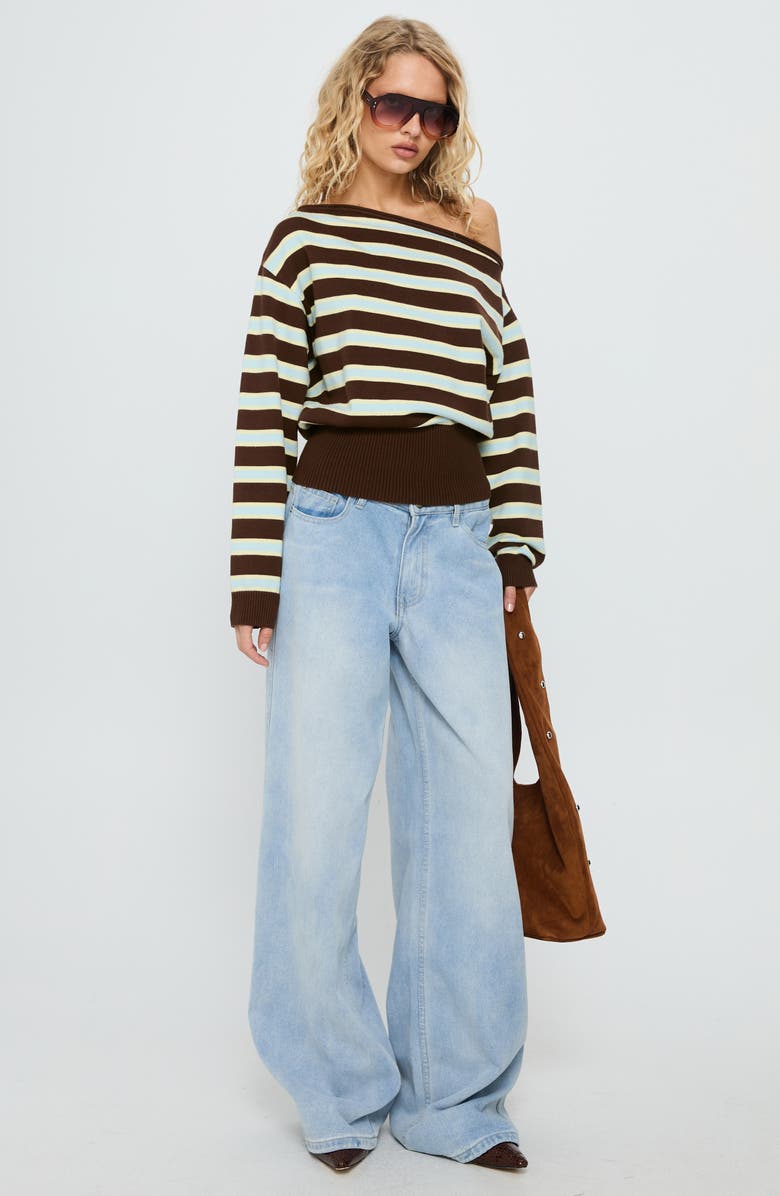 Princess Polly Zinia One-Shoulder Sweater, Alternate, color, Brown / Blue Stripe