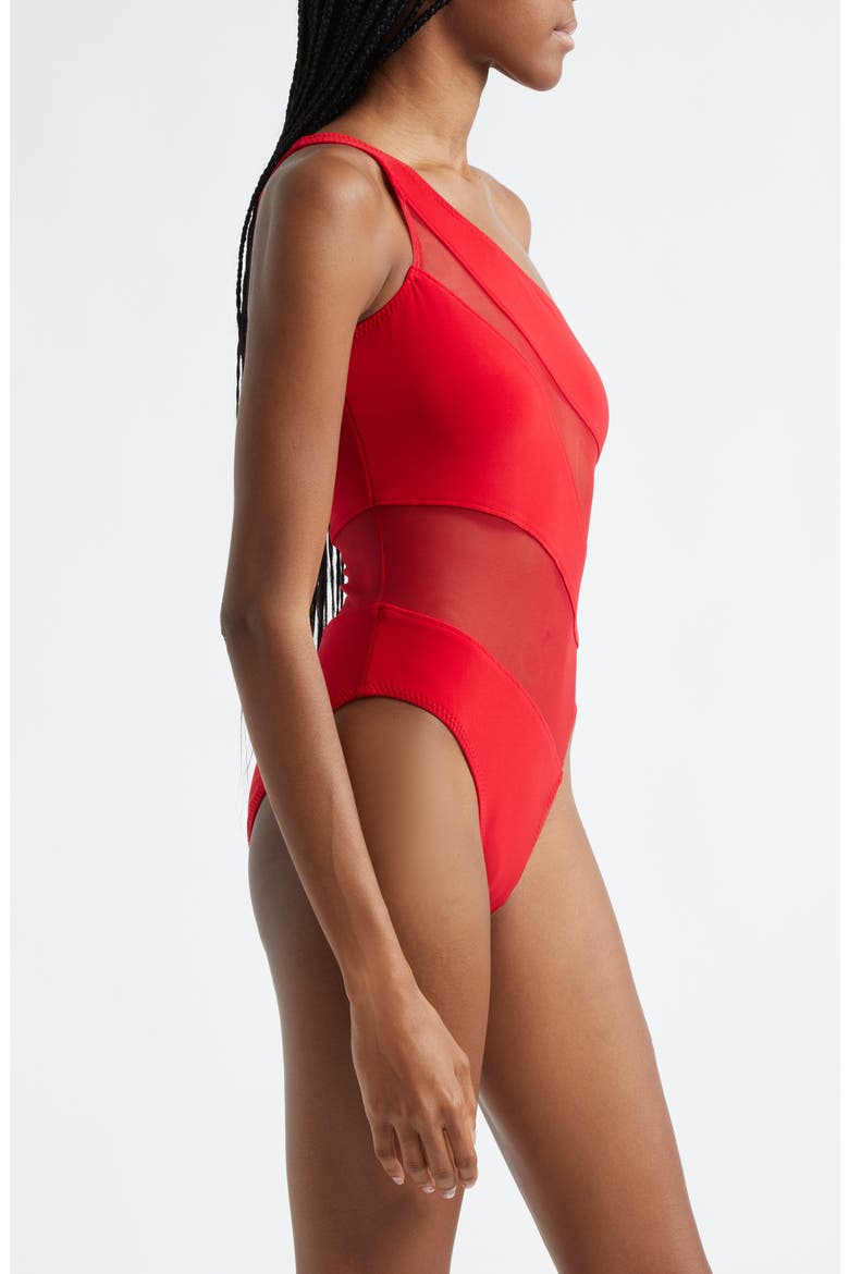 Snake Mesh Inset One-Shoulder One-Piece Swimsuit, Alternate, color, TIGER RED/ TIGER RED