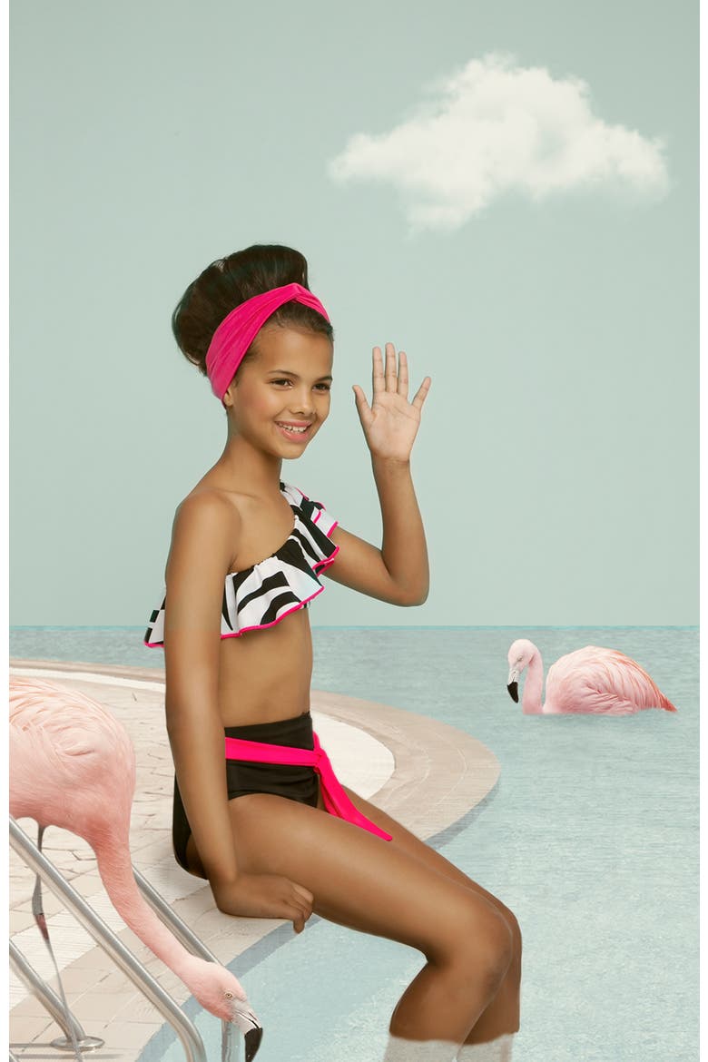 Kids' One Shoulder Zebra Print Two Piece Bikini, Alternate, color, Black-White