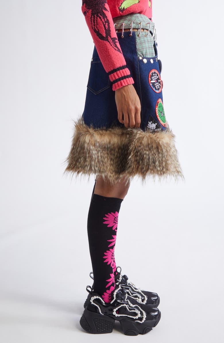 Chopova Lowena Kram Button & Patch Embellished Carabiner Skirt with Faux Fur Trim, Alternate, color, Blue Multi