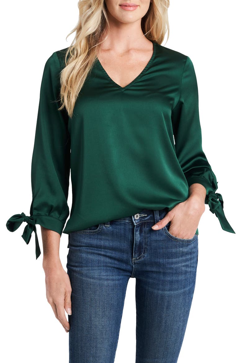 Tie Cuff Satin Top, Main, color, ALPINE GREEN
