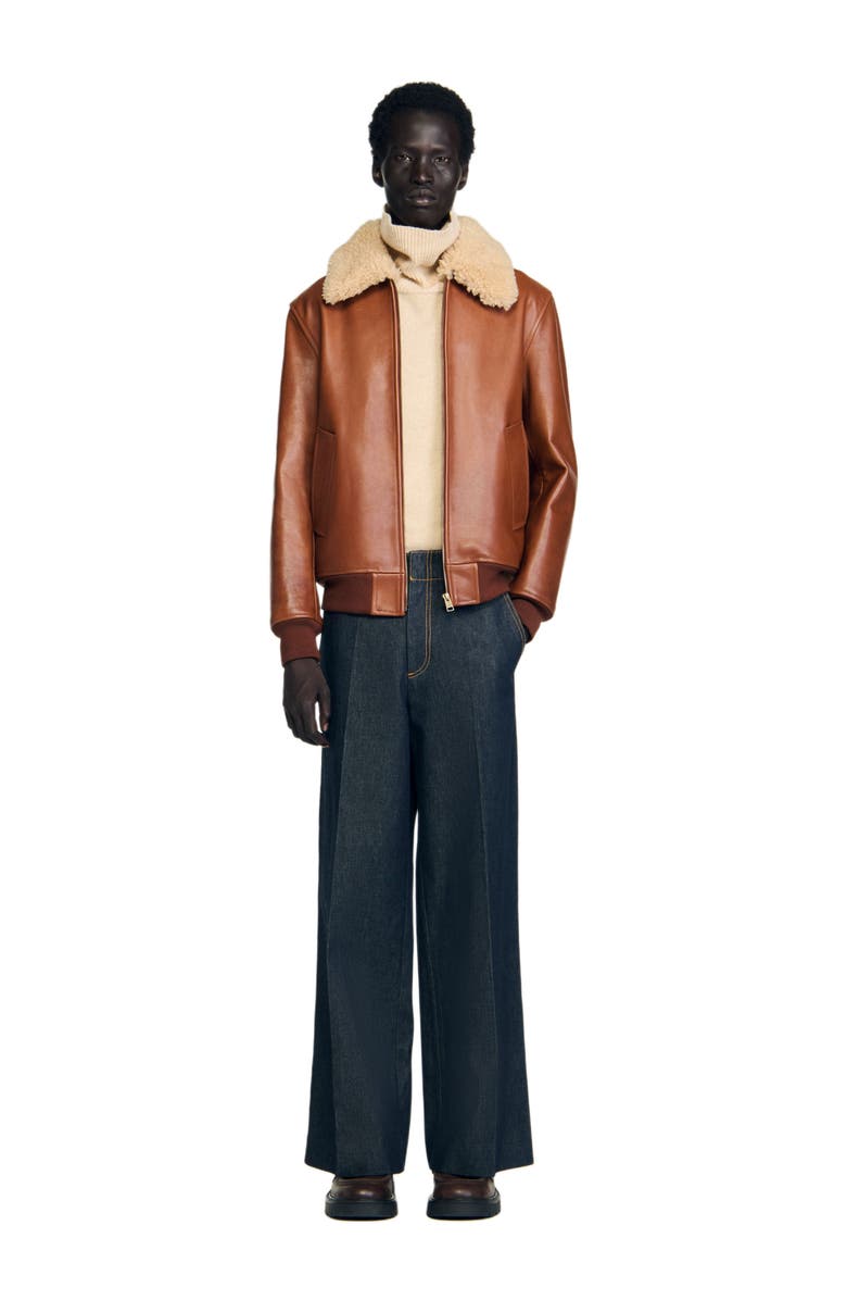 SANDRO Leather jacket with fur collar, Alternate, color, Cognac